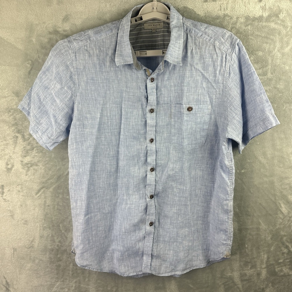 Ted Baker London Men's Size‎ 5 Blue 100% Linen Short Sleeve Button Up Shirt